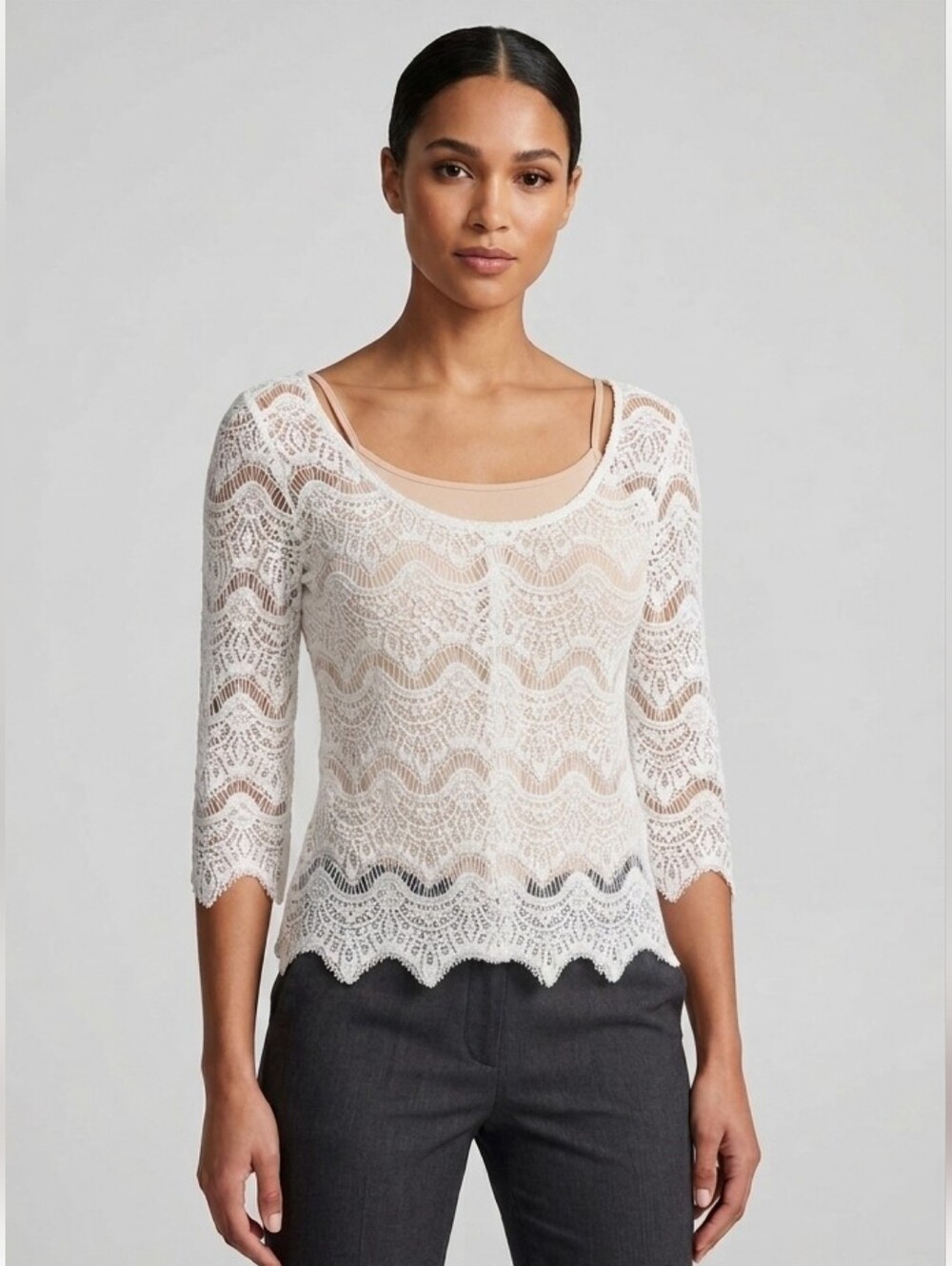 Zara Women's White Lace 3/4 Sleeve Top w/Zippered Back Size Large (Runs Small)